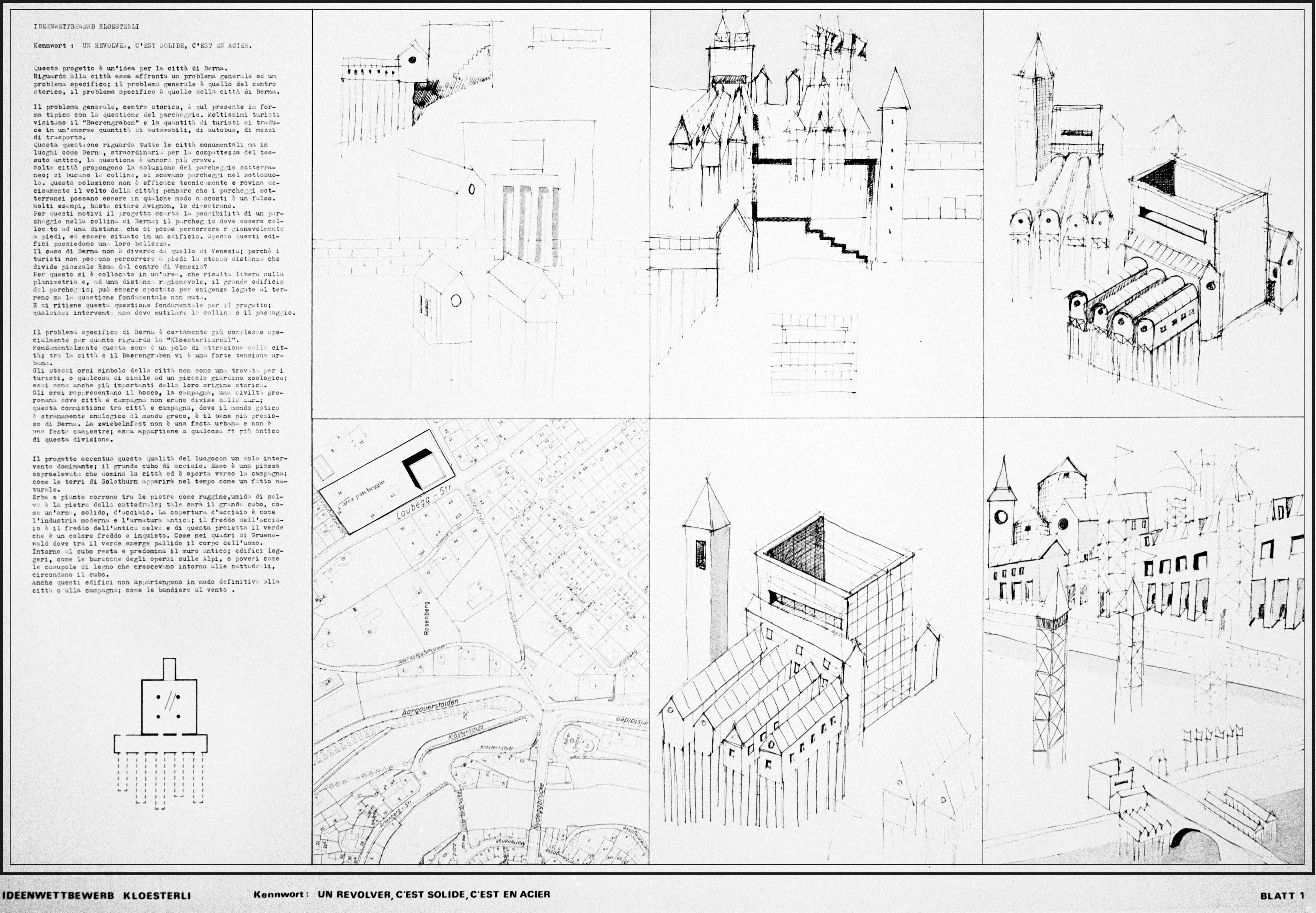 Aldo Rossi mit Gianni Braghieri und Christopher Stead, Wettbewerb Klösterliareal Bern, 1981, Blatt 1.