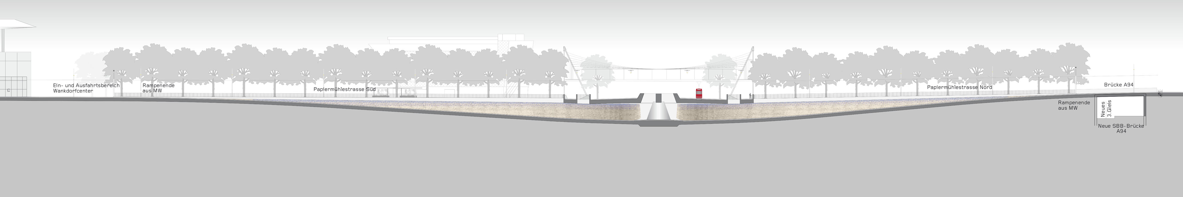 Längsschnitt entlang der Papiermühlestrasse von Süden nach Norden (Schnitt: Team BE3)
