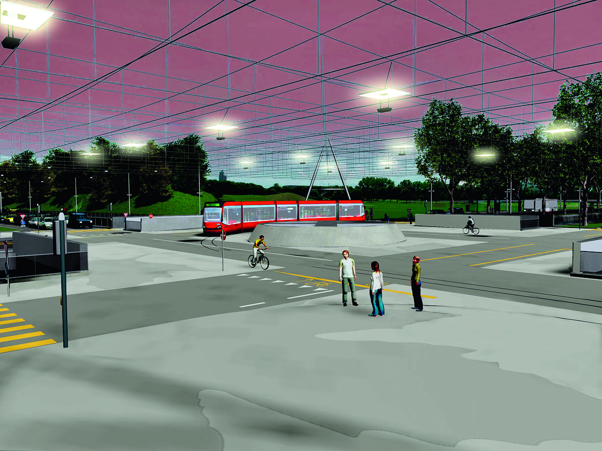 Durch die Umgestaltung kann der Wankdorfplatz auf eine Strassenkreuzung mit innerstädtischen Abmessungen redimensioniert werden (Visualisierung: Mathys Partner Visualisierung?/ Bearb.: Team BE3)