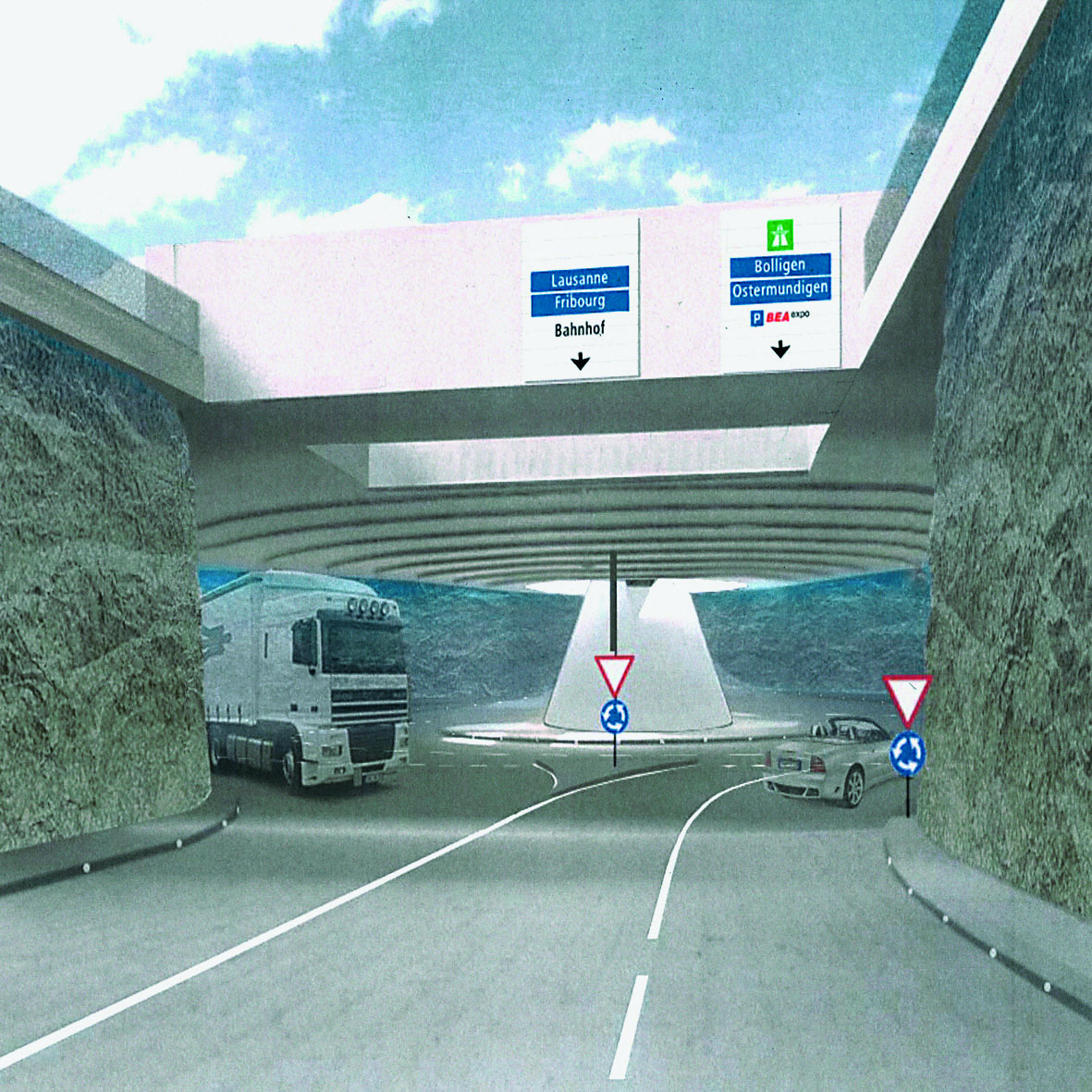 Der Kreisel hat einen Durchmesser von 40?m und liegt 7?m unter der Erdoberfläche. Die ­Wände der Ein- und Ausfahrtsrampen sind mit einer rauen Struktur belegt. Dies soll an aus­gehobenes Erdreich erinnern (Visualisierung: Christof Wüthrich, Gestalter, Bern)