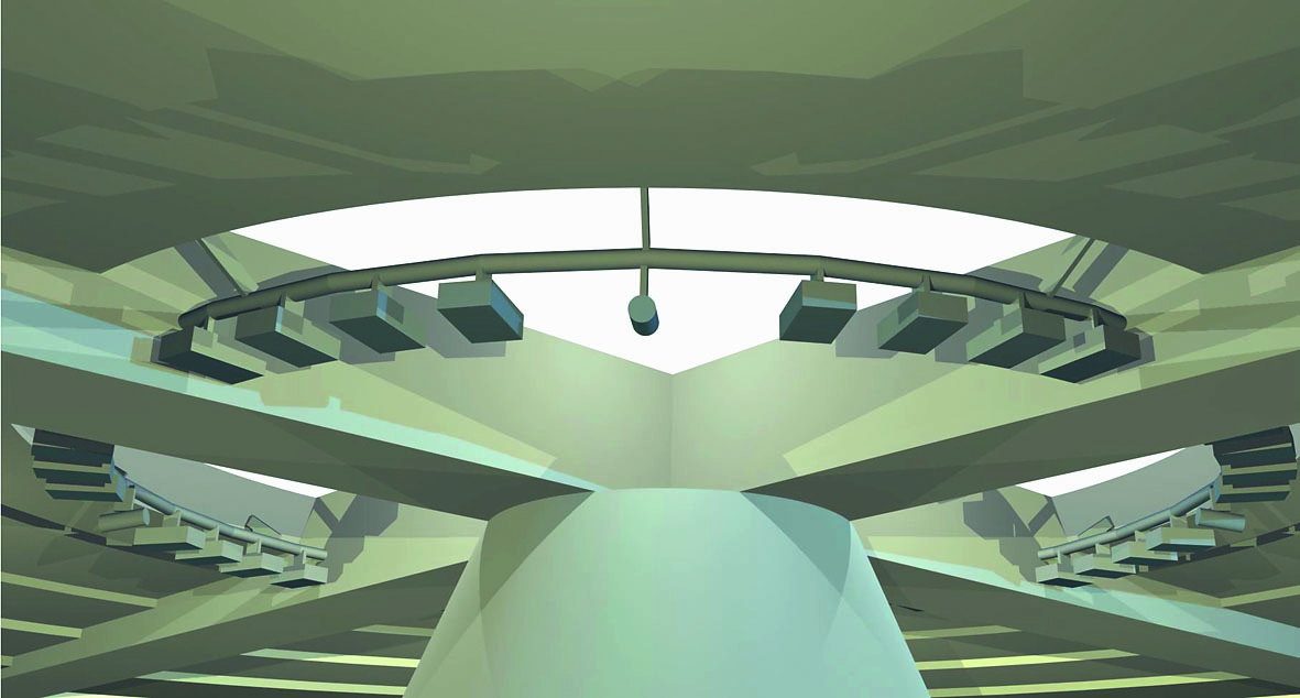 Die Grundhelligkeit im Kreisel wird durch Scheinwerfer sichergestellt. Eine adaptive Beleuchtung wie bei Tunneleinfahrten ist erforderlich (Visualisierung: Team BE3)