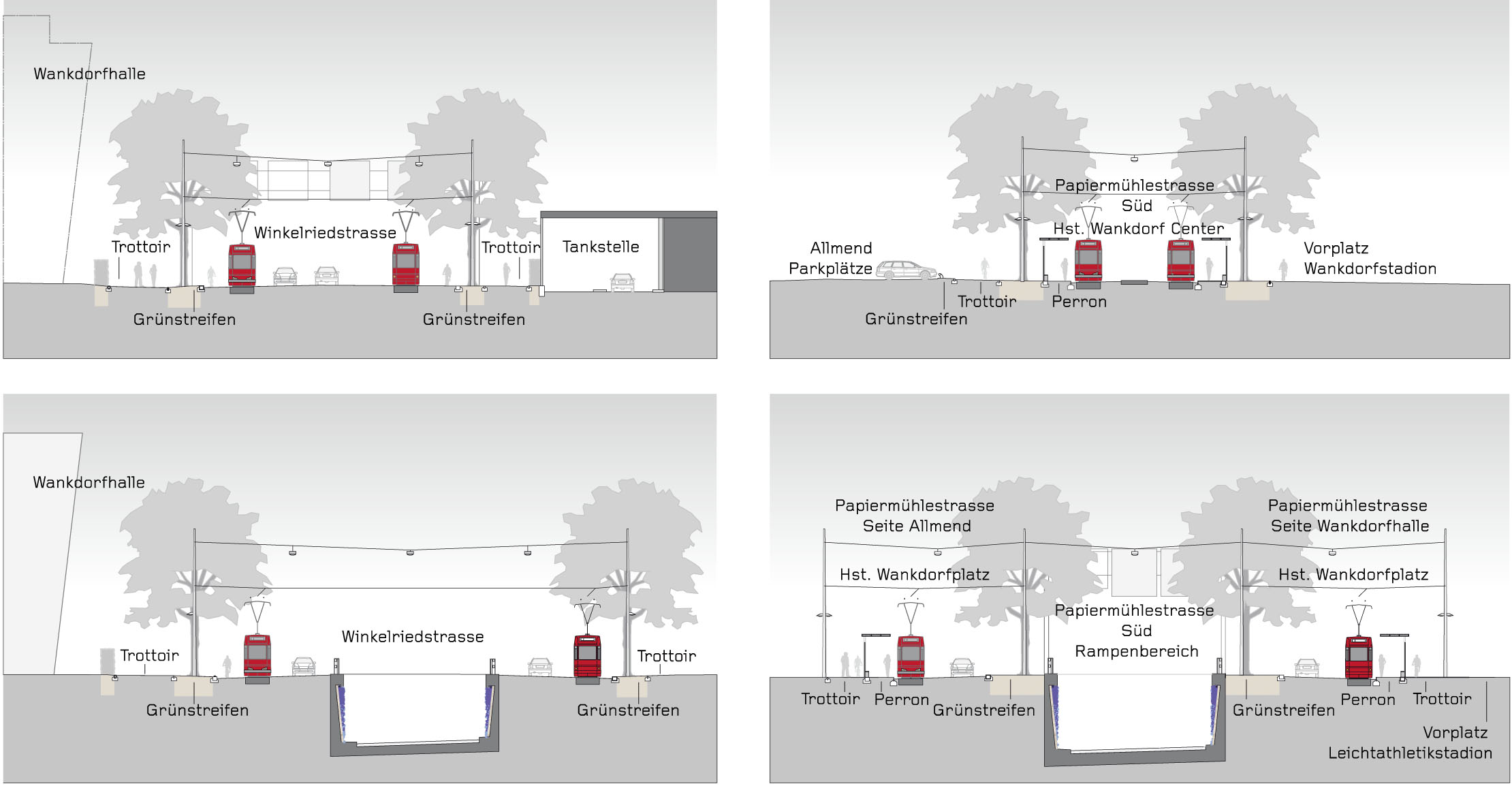 Querschnitte der neu gestalteten Achsen Winkelriedstrasse und Papiermühlestrasse Süd (Schnitte: Team BE3)