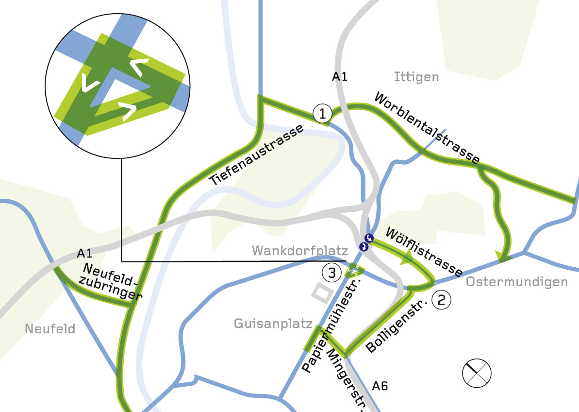 Das Grundkonzept der Verkehrsführung besteht aus der grossräumigen (1) und der lokalen Umfahrung (2) sowie der Kernumfahrung (3)