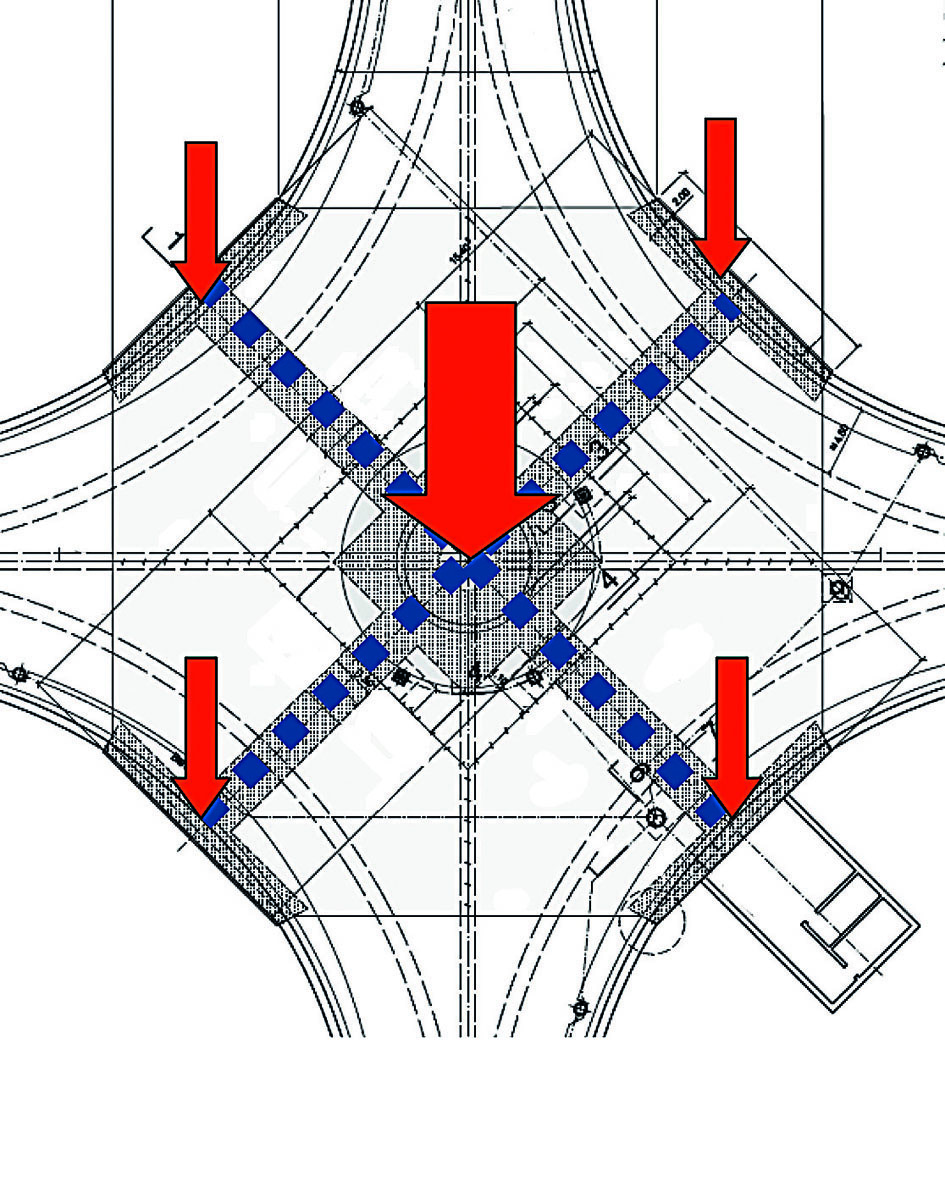 Tragverhalten der Bodenplatte zur Aufnahme konzentrierter Lasten: Das 2?m hohe Druckkreuz in der Bodenplatte übernimmt die Kräfte aus Wänden und Kegelstumpf und verteilt diese deformationsarm auf die gesamte Fläche der 1?m starken Bodenplatte