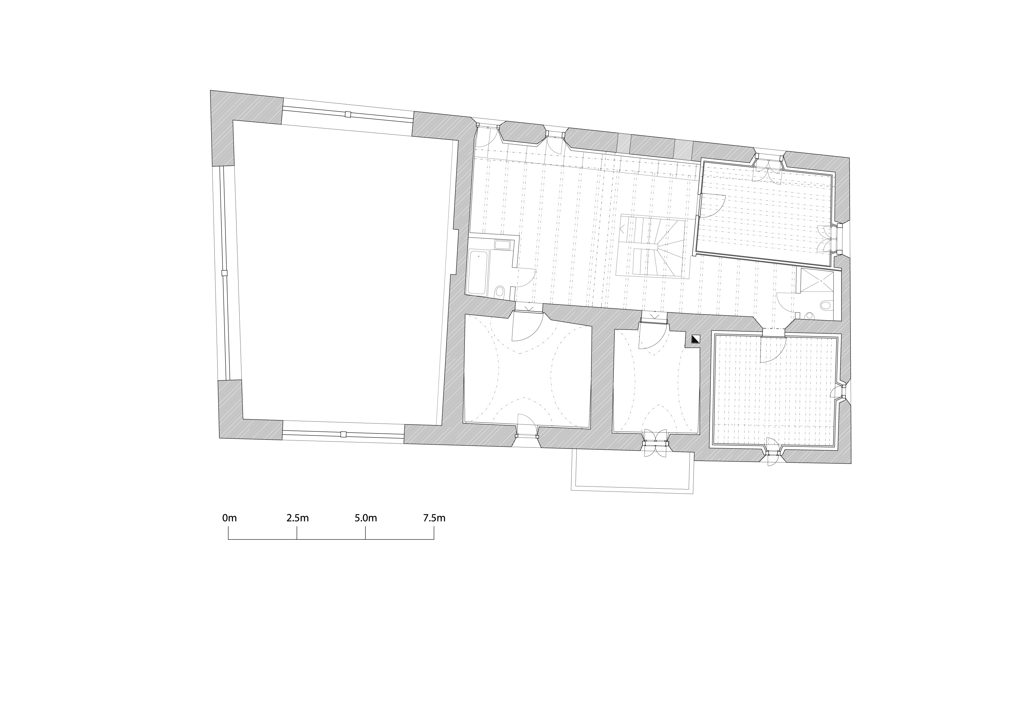 Grundriss OG. Der offene Wohn-/Essbereich steht den Schlafräumen an der Südfassade gegenüber. An der Nordostecke befindet sich die Stüvetta