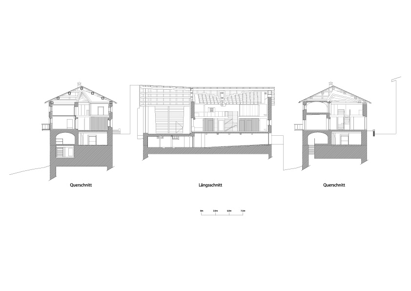 Querschnitte und Längsschnitt. Die ungeheizten Innenräume umfassen einen grossen Teil des Gesamtvolumens
