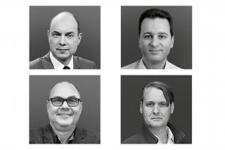 V.l.n.r.: Urs Leuthard, Co-Projektleiter Newsroom19 SRF, Moderator Abstimmungs- und Wahlsendungen, ehem. Redaktionsleiter Tagesschau, SRF; Mario Löffel, Gesamtprojektleiter Leutschenbach, SRF; Peter Krähenbühl, Leiter Projekte Immobilien, SRF; Christian Penzel, Dipl. Architekt SIA BSA, Penzel Valier, Zürich.