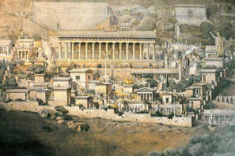 Rekonstruktion des Apollon-Heiligtums in Delphi auf einem Gemälde von Albert Tournaire aus dem Jahr 1894 (École nationale supérieure des Beaux-Art).