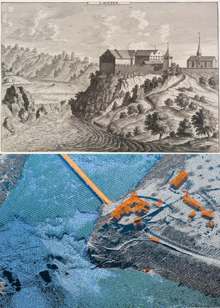 Oben: Kupferstich vom Schloss Laufen von D. Herrliberger, 1750. © D. Herrliberger Unten: Die Visualisierung der archäologischen Stätte zeigt beispielhaft die Verwendung von LiDAR-Daten. © swisstopo